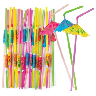 10” Flexible Neon Straws With Cocktail Umbrellas. Pk-50